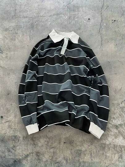 Manfinity Dauomo 加大码男士复古黑白灰条纹图案 Polo 衫