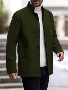Manfinity Homme 男士纯色长袖单排扣立领休闲羊毛混纺夹克，秋冬款 - 軍綠色 - 查看 3