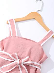 Tween Girls' T-Shirt Set, Black Designed Tank Top Set With White Trim, Waist Design Belt, Paired With Shorts, Simple Commuter Style For Summer - Pink - View 3