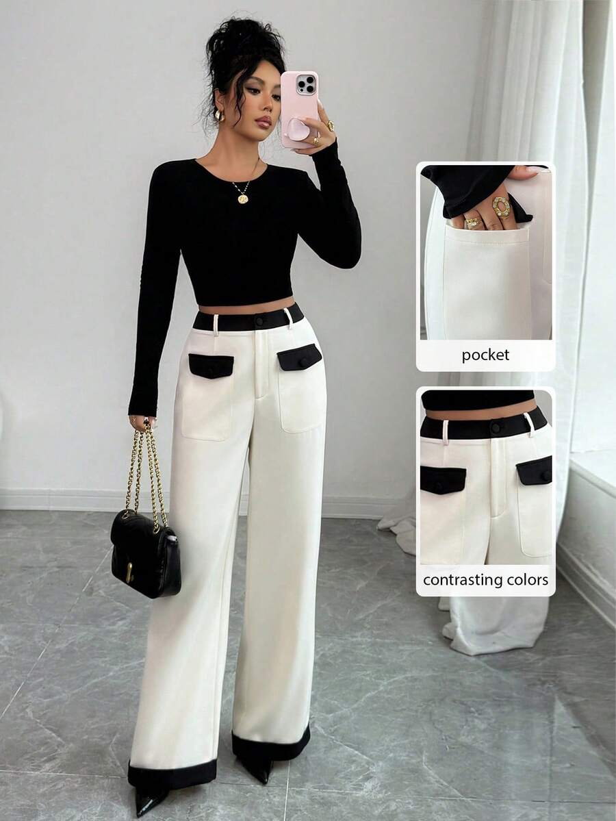 Elenzga New Fashionable & Elegant High-End Color Block Wide Leg Pants, Women Long Trousers - Multicolor - View 1