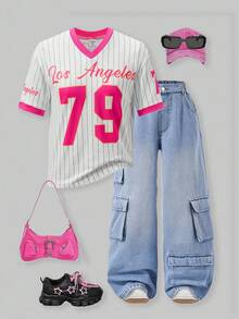 SHEIN ChillGRL Tween Girl' Casual Street Fashion Baseball Hoodie, Letter & Number Graphic V-Neck T-Shirt