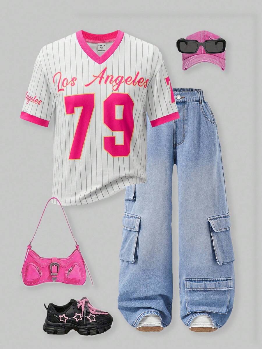 SHEIN ChillGRL Tween Girl' Casual Street Fashion Baseball Hoodie, Letter & Number Graphic V-Neck T-Shirt