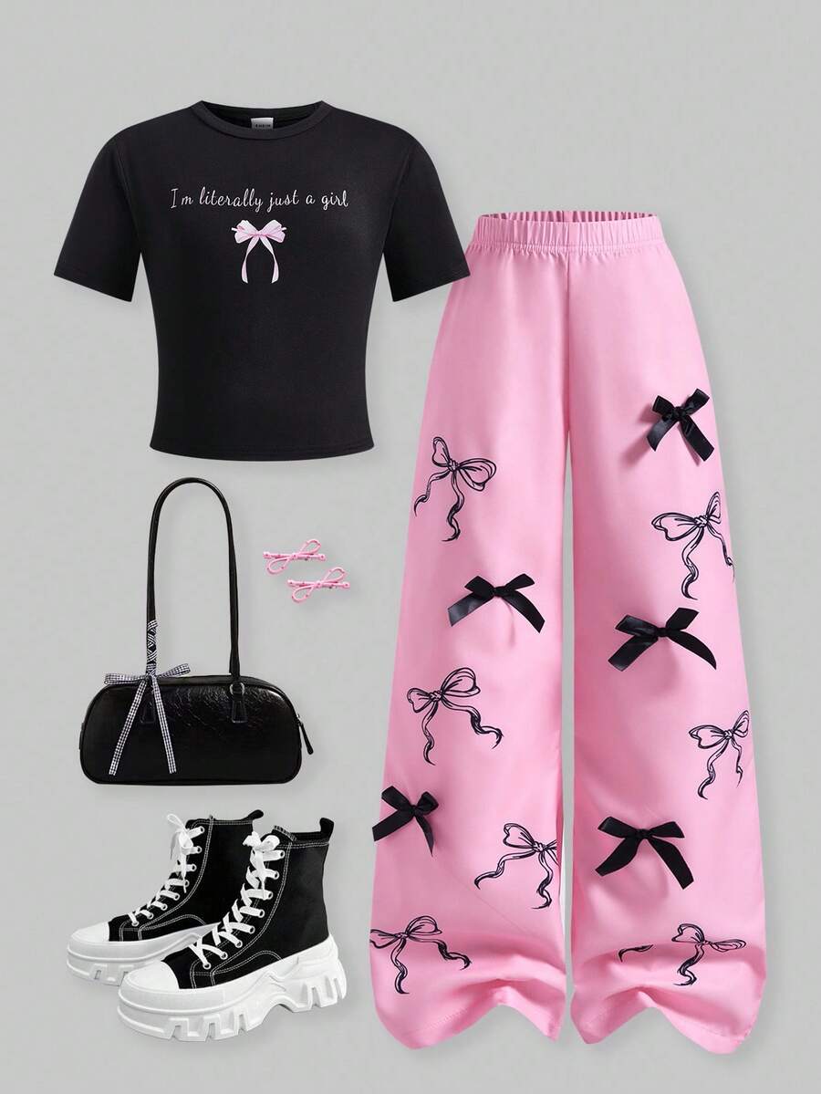 SHEIN ChillGRL Tween Girls Printed Round Neck Short Sleeve Top & Bow Decor Long Pants 2-Piece Set