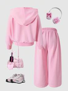 SHEIN ChillGRL 2 件 Streecool 年轻女孩休闲厚针织连帽衫夹克和宽松阔腿裤套装，骑马运动图案印花装饰，适合休闲运动 - 粉色 - 查看 2
