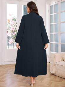 Lacomfia Plus Size Women Hollow Embroidered Button Collar Tie Waist Long Sleeve Dress - Blue - View 2