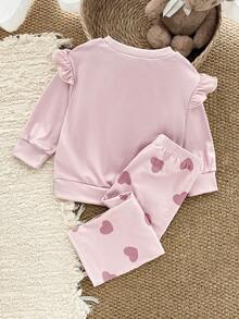 Baby Girls Hoodie & Sweatshirt Co-Ords-Sweatshirt Set Crew Neck Long Sleeve Top And Pants Pink Bear Print Heart Print Ruffle Shoulder Four Season 2026 New Year Essential Girls Set Versatile And Comfortable Bear Girls Clothing 2t - Coffee Brown - View 2