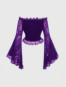 ROMWE Áo cánh nhung tay chuông hở vai ren phong cách Gothic dành cho nữ - Màu tím - Xem 2