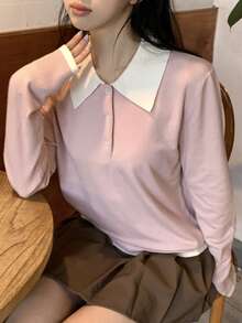 DAZY 女士撞色宽松翻领长袖休闲针织衫，秋冬季 - 粉色 - 查看 7