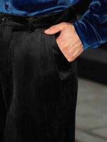 Manfinity Bizformal Men's Black Suit Pants, Velvet Fabric, High-End Fashion Suit Pants, Stylish And Versatile Straight-Leg Trousers - Black - View 3