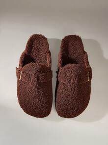 Solecia 女士秋冬新款羊毛保暖圆头平底拖鞋复古休闲鞋巧克力棕色家居服 - 巧克力棕 - 查看 6