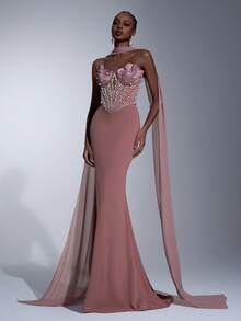 Elitara 优雅奢华魅力珍珠泡泡设计性感V领露背美人鱼连衣裙，适合婚礼、活动、单身派对、度假、晚宴、正式场合。 - 藕粉色 - 查看 7