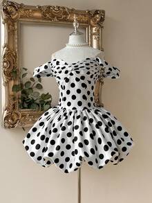 Lovelzi 优雅的法式里维埃拉风格波点扭褶露肩美人鱼露背可调节系带南瓜花苞迷你连衣裙，适合各种场合的女士正式礼服，网纱正式连衣裙 - 彩色 - 查看 4