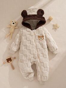 Souflis 2025秋冬新款法式加厚长袖卡其色连帽熊耳连体裤，适合玩耍、聚会、居家及多场合穿着，幼儿男童 - 卡其色 - 查看 2