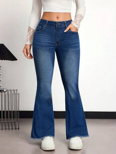 SHEIN PETITE Casual Washed Low-Waist Slim Fit Flare Leg Jeans