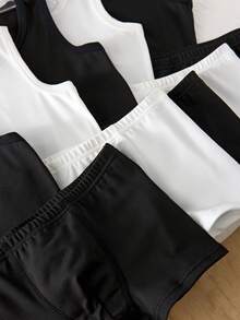 SHEIN Playful Pals Set de 10 piezas de ropa interior básica de algodón, camiseta sin mangas, calzoncillos y bóxers para niños jóvenes con estilo deportivo y colegial sencillo - Blanco y Negro - Ver 3