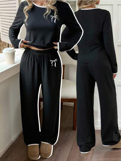 SHEIN Leap Crew 两件套复古甜美芭蕾风蝴蝶结印花圆领插肩袖T恤搭配格子宽松长裤休闲睡衣套装，适合青少年女孩秋冬季穿着