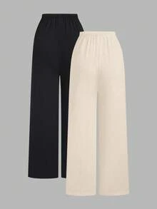 Flirla Petite 2pcs Women's Solid Color Straight Leg Pants Set - Apricot - View 2