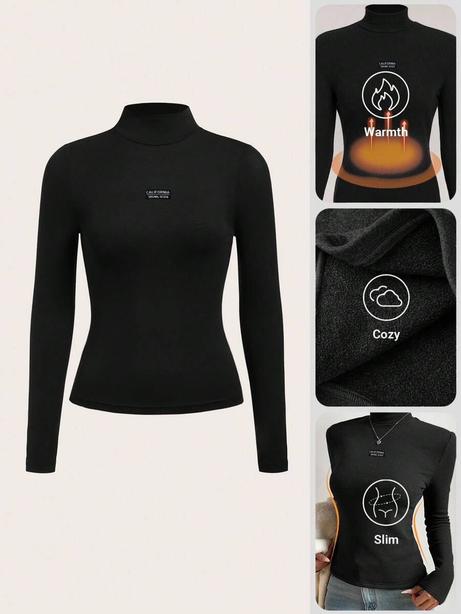 SHEIN BASICS 女士休闲简约高领长袖紧身T恤，适合秋冬季节，可作内搭 - 黑色 - 查看 1