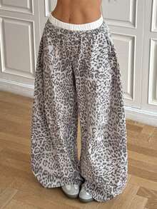SHEIN EZwear Leopard Women's Casual Loose Fit Leopard Print Wide Leg Pants Cheetah Pants Cheetah Print Bottoms Leopard Pants Loose Pants - Grey - View 8