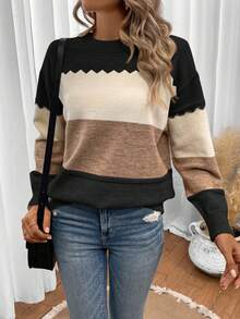 EMERY ROSE Maglione oversize con scollo tondo, effetto color block e motivo a onde, adatto per feste, festival musicali, uso domestico, rientro a scuola, regali e shopping. Vestito invernale da donna, abbigliamento autunnale curvy, top country, maglietta basic