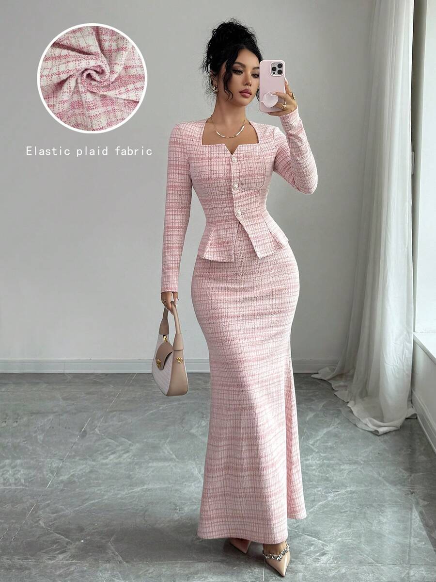 Elenzga 女士格子单排扣长袖外套和鱼尾中长裙优雅修身两件套 - 紅白色 - 查看 1