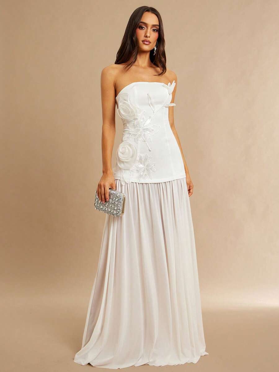 Silquee Váy quây lưới hoa 3D thời trang nữ, thích hợp cho tiệc tùng và dạ hội - Màu be - Xem 1