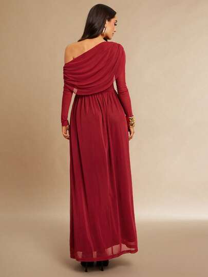 Silquee This Burgundy, Long-Sleeved, Fitted Dress Features A Bias Cut And Draped Pleats, Crafted From Stretch Mesh Fabric. The Flowing A-Line Skirt And One-Shoulder Design Create An Elegant And Sophisticated Look, Suitable For Various Occasions Including Holidays, Weddings, Birthdays, Graduations, And More. Its Fitted Cut Makes It An Excellent Choice For Autumn Wear, Christmas Attire, Halloween Costumes, Date Night Outfits, Wedding Guest Attire, And Formal Wedding Guest Wear.