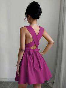 Franclia 女士浪漫优雅性感婚礼宾客纯色交叉 V 领无袖 A 字迷你连衣裙，演唱会服装百搭设计，适合海滩、派对、春夏口袋晚礼服露背奶油黄短裙 - 紫色 - 查看 5