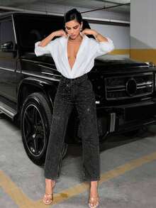 SHEIN Tall 黑色 100% 纯棉高腰珍珠修身直筒牛仔裤 - 黑色 - 查看 5