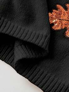 EMERY ROSE Plus Size Women Solid Color Knitted Round Neck Maple Leaf Sequin Embroidery Long Sleeve Regular Elegant Pullover Sweater, Autumn/Winter - Black - View 6