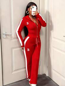 BamGleam 2pcs Women Sweater Set - White Long Sleeve Cardigan Top With Funnel Neck & Two-Way Zipper, Casual Loose Fit; Black & White Striped Sweater Pants - Red - View 3