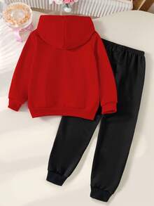 1 Set Young Girls' Cartoon Cute K-POP Girl Graphic & Letter Print Hoodie And Sweatpants Set, Suitable For Autumn/Winter Outfits, Red Hoodie And Black Sweatpants K-POP Outfit - Multicolor - View 2