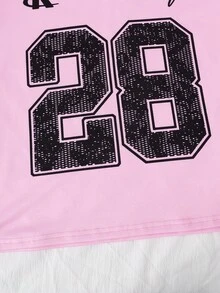 SHEIN ChillGRL Tween Girl Numeric Print V-Neck Short Sleeve Top And Graffiti Print Denim Effect Long Pants Casual Summer Outfit, School, Campus, College - Pink - View 5