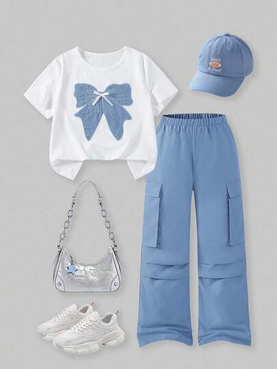 SHEIN ChillGRL 2 件套 青少年女孩休闲时尚蝴蝶结刺绣短袖上衣和多口袋工装裤