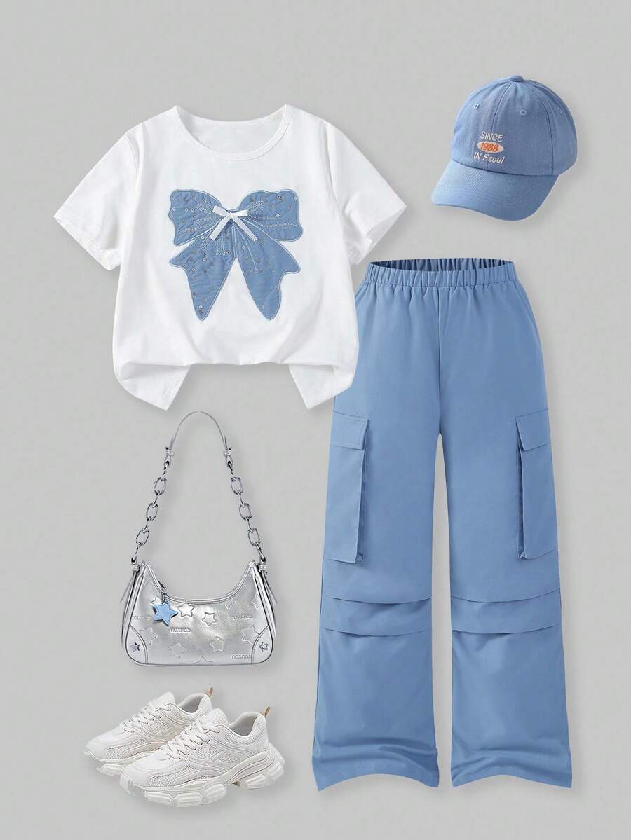 SHEIN ChillGRL 2 件套 青少年女孩休闲时尚蝴蝶结刺绣短袖上衣和多口袋工装裤