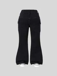 SHEIN ChillGRL 年轻女孩休闲多口袋弹性腰部黑色洗水牛仔喇叭牛仔裤