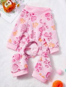 PETSIN 1pc Rose Red Dog Foot Print Pet Jumpsuit Pink Autumn And Winter Thick Warm Pet Clothing - Multicolor - View 3