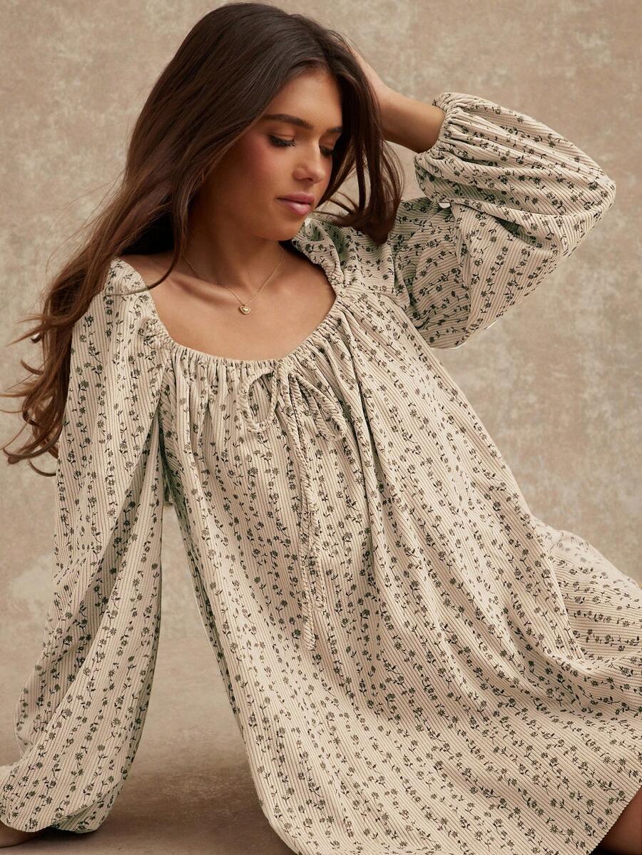 WESTFADE Robe mini ample à manches bouffantes longues, col carré, nœud papillon, imprimé floral en velours côtelé. Tenue décontractée et bohème pour l'automne, l'hiver, les concerts country, le style western pour femmes.