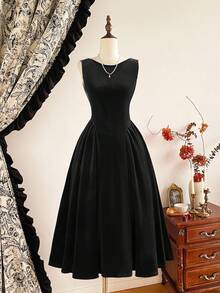Vintamour Vintage Elegant Women's Velvet Pearl Chain Black Dress With Pockets,Autumn Dining Cocktail Party Holiday Christmas Halloween New Year Thanksgiving - Black - View 3