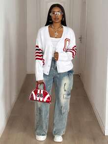 Maweii Casaco de Tricô Cardigan Ajustado com Estampa de Listras Coloridas em Contraste, Decote em V, Manga Longa, Bolsos Duplos, Estilo Casual Esportivo Universitário, Adequado para Uso Diário, Férias e Transporte, Design Jovem e da Moda, Tamanho Plus, Primavera, Outono, Inverno