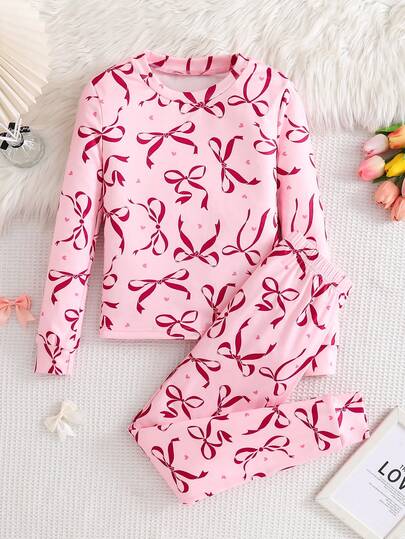 Pajama For Kids Girl 2-Piece Set - Pink Bow Close-Fitting Pajamas Sweet Bow Print Crew Neck Design Pink Sweet Girl Color Modal Elastic Fabric Long Sleeve Crew Neck Fitted Top Tight Pants Bow Combo Social Media Style Sweet Girl Spring Summer Autumn Winter Holiday Essential Tween Girl Close-Fitting Home Set Snug Fit Bowknot Print Pajama Set