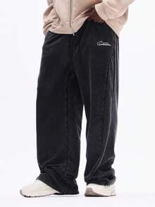 SUMWON Relaxed Wide Leg Sweatpants With Los Angeles Script Embroidery For Casual Everyday Comfort Plain - Black - View 5