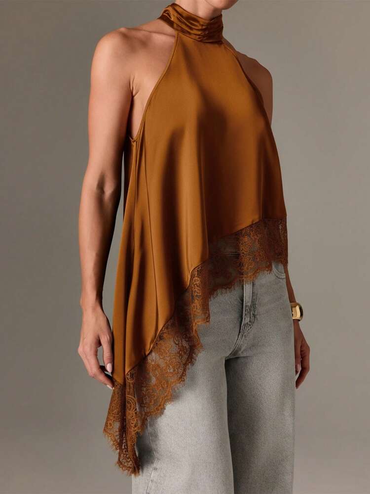 Halter Neck Satin Top With Lace Hem