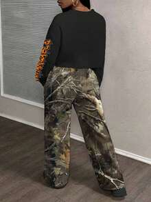Slaydiva 2pcs Plus Size Fashionable Letter Print Sweatshirt And Camouflage Pants Set/Winter - Multicolor - View 2