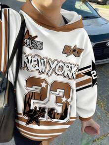SHEIN Leap Crew 撞色街头风，23数字字母印花连帽卫衣，少女休闲舒适厚实宽松套头衫，适合秋冬季日常穿着、街头风、上学、度假、休闲季节 - 彩色 - 查看 4