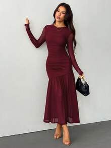 SHEIN PETITE 女士长袖圆领网眼连衣裙，适合秋季当季服装、返校服装、教师服装 - 酒紅色 - 查看 10