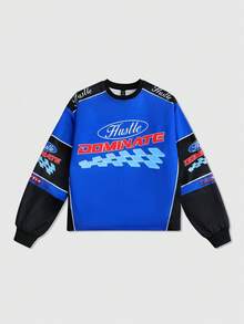 ROMWE MEN Street Life 男士休闲撞色字母图案运动卫衣，秋季款 - 藍色 - 查看 4