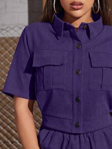 Modelyn Women's Short Sleeve Workwear Pocket Shirt And Pants Set 2 Pieces Set - Purple - View 3