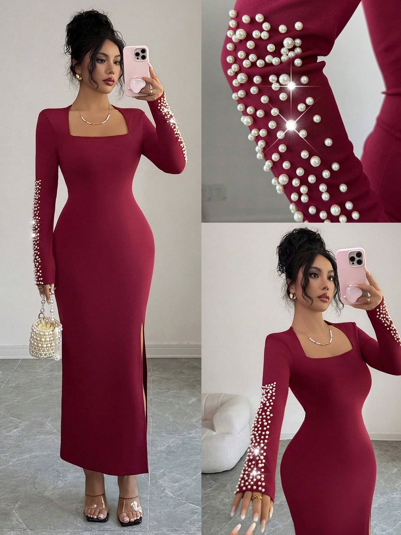 Burgundy beaded cuff dress