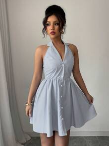 Elenzga 女士无袖荷叶领收腰休闲条纹迷你连衣裙 - 藍色 - 查看 3